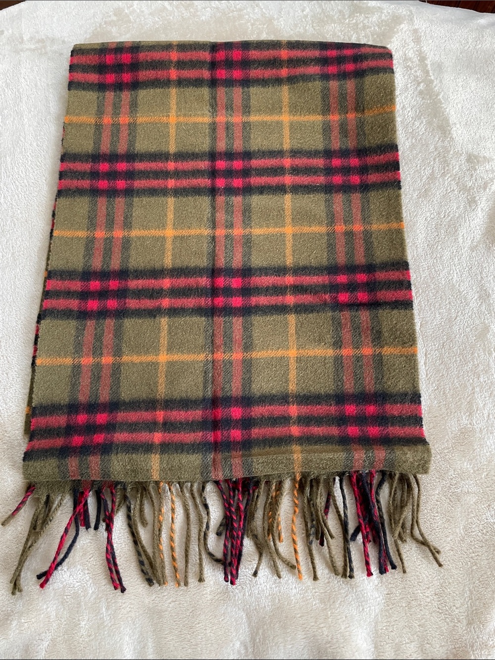 Burberry Olive Plaid Scarf with Pink & Orange Accents - Picture 1 of 2